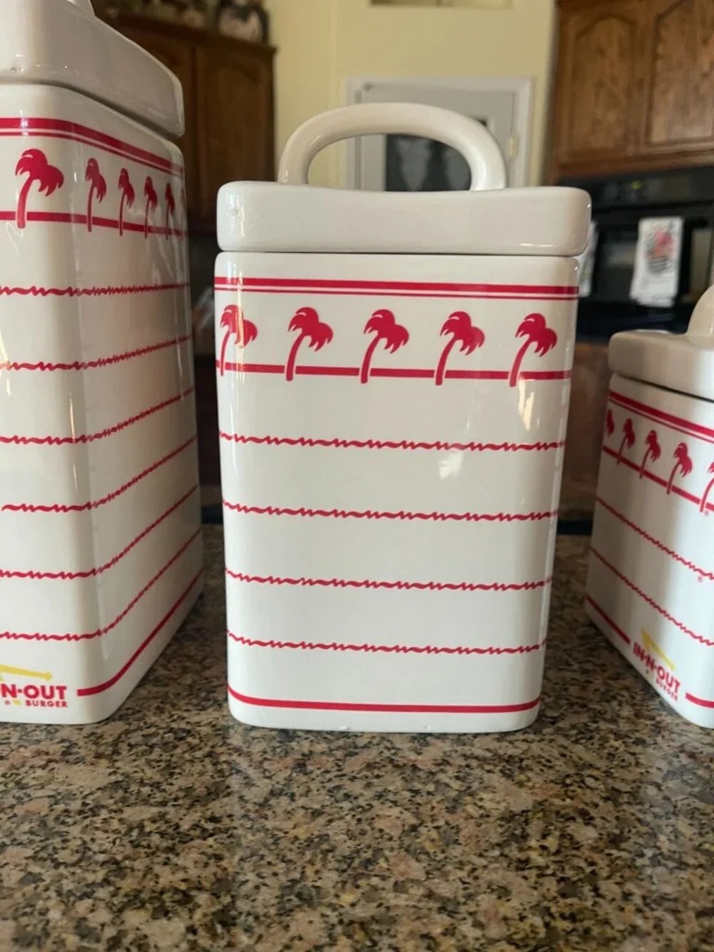 In-N-Out Burger Ceramic Canister Set of 4 With Lids Red White Palm Tree Design